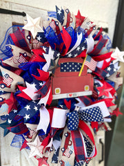 Patriotic Memorial Day Red Truck Wreath for Front Door, Red White Blue Fourth of July USA Wreath, Welcome Home Armed Forces Military Wreath