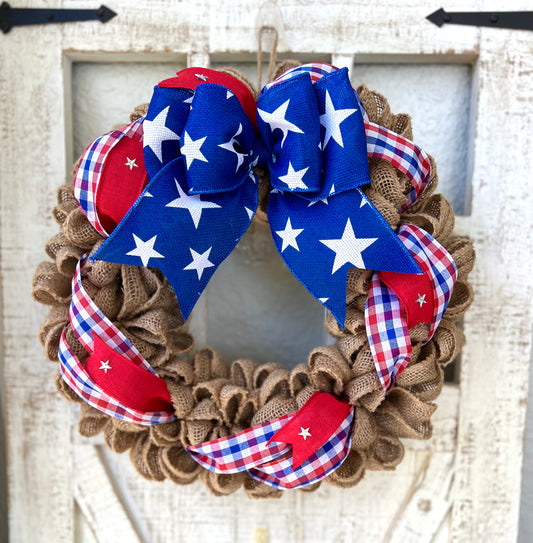 Patriotic Memorial Day Burlap Stars Americana Wreath for Front Door, Red White Blue Fourth of July USA Welcome Home Veterans Day