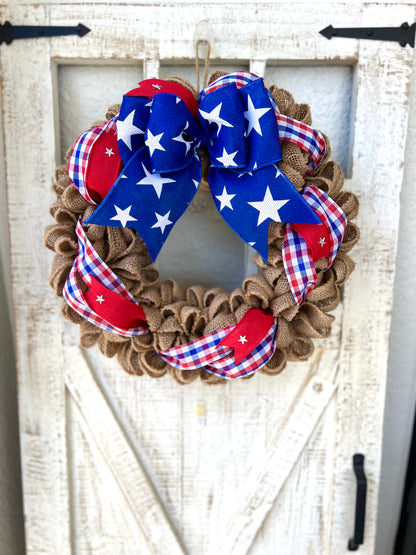 Patriotic Memorial Day Burlap Stars Americana Wreath for Front Door, Red White Blue Fourth of July USA Welcome Home Veterans Day