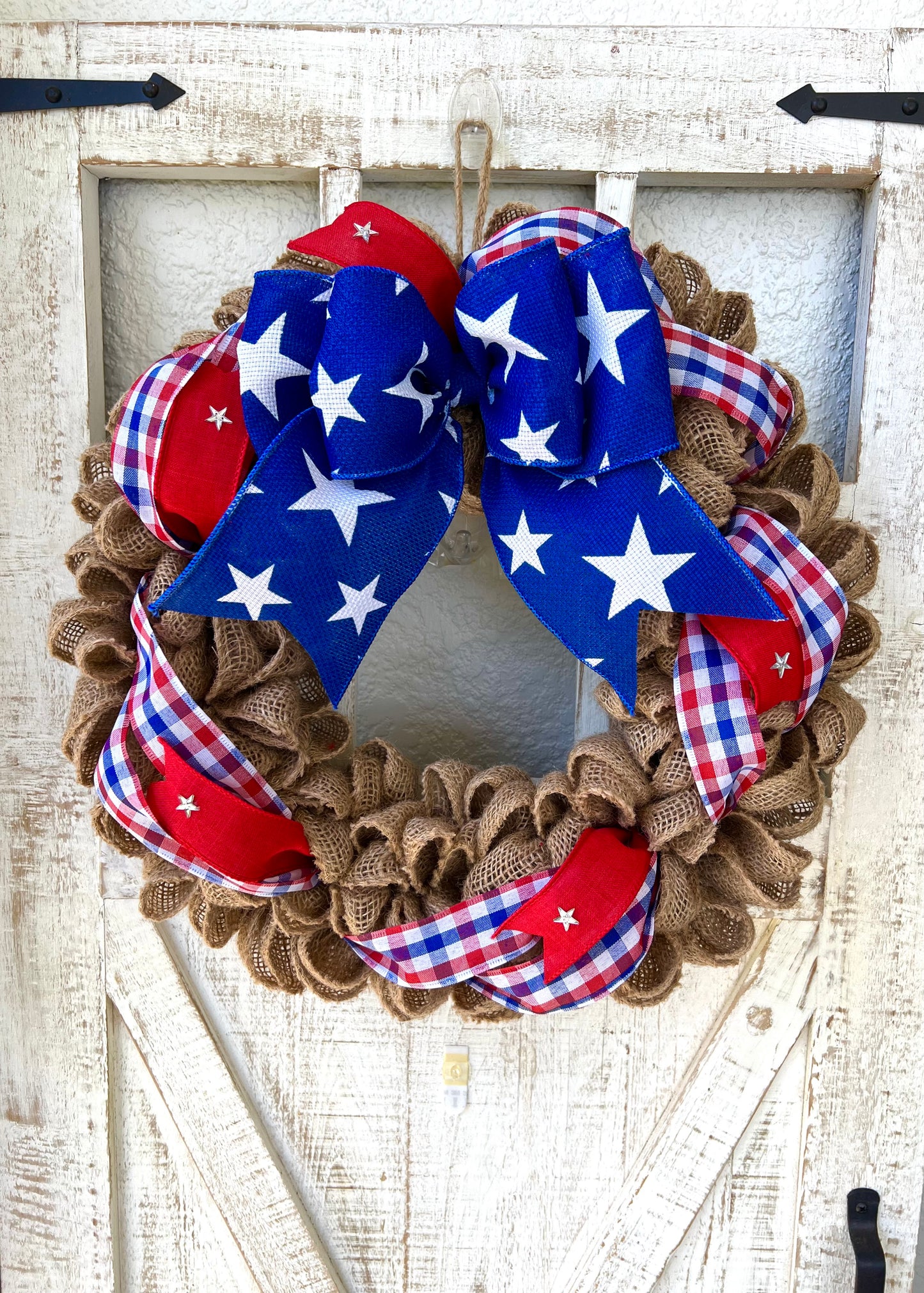 Patriotic Memorial Day Burlap Stars Americana Wreath for Front Door, Red White Blue Fourth of July USA Welcome Home Veterans Day