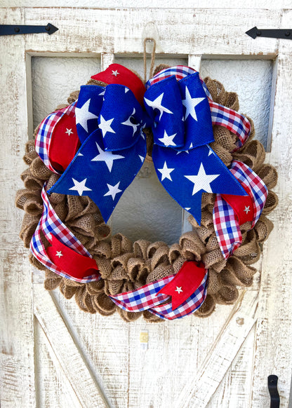 Patriotic Memorial Day Burlap Stars Americana Wreath for Front Door, Red White Blue Fourth of July USA Welcome Home Veterans Day