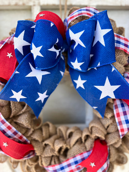 Patriotic Memorial Day Burlap Stars Americana Wreath for Front Door, Red White Blue Fourth of July USA Welcome Home Veterans Day