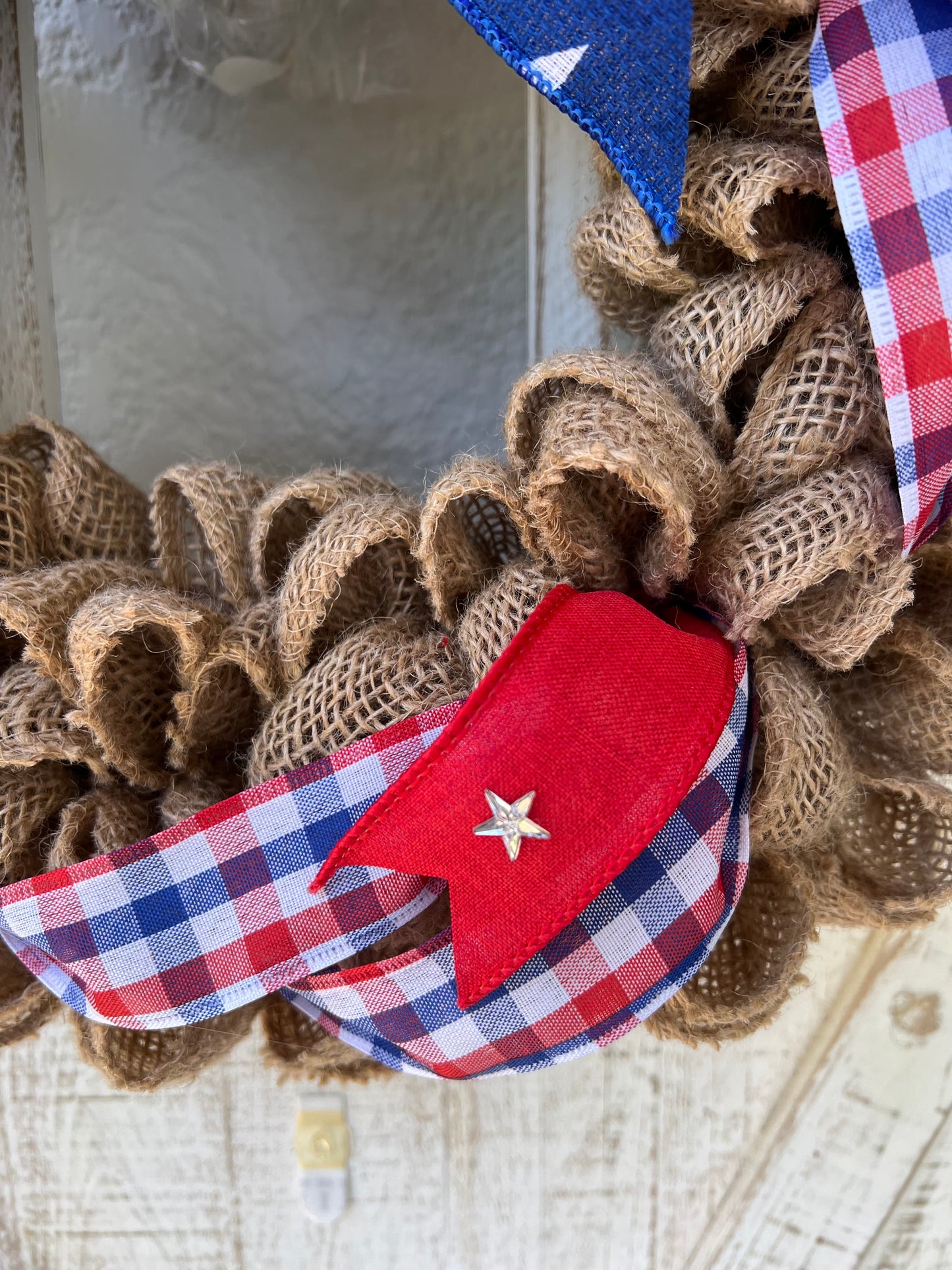 Patriotic Memorial Day Burlap Stars Americana Wreath for Front Door, Red White Blue Fourth of July USA Welcome Home Veterans Day