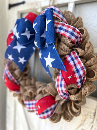 Patriotic Memorial Day Burlap Stars Americana Wreath for Front Door, Red White Blue Fourth of July USA Welcome Home Veterans Day