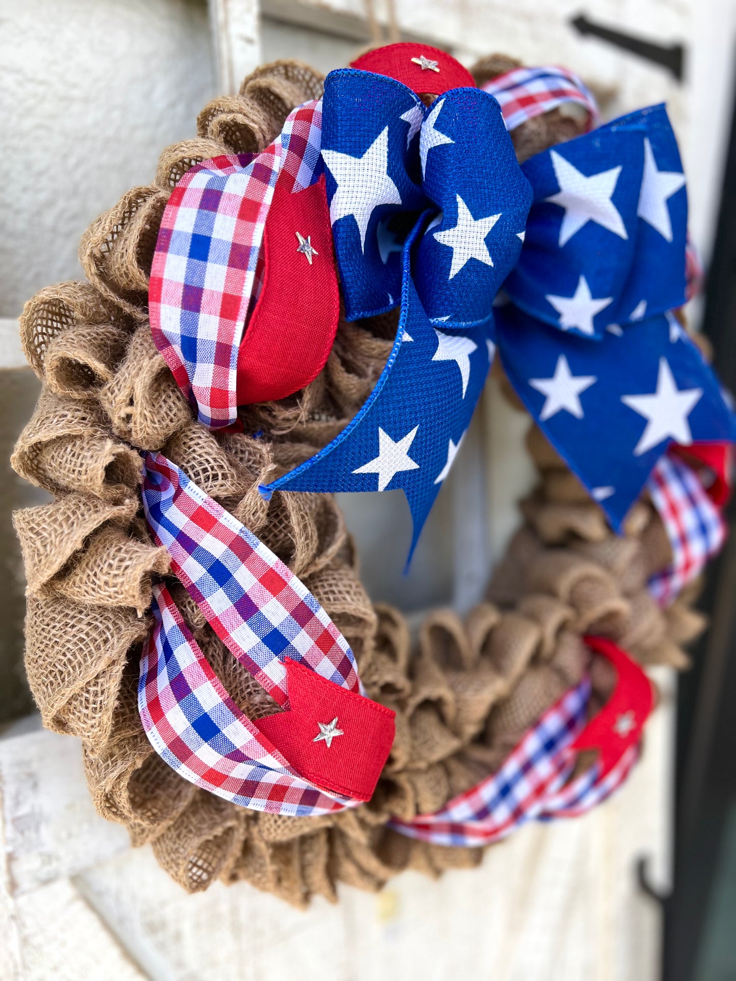 Patriotic Memorial Day Burlap Stars Americana Wreath for Front Door, Red White Blue Fourth of July USA Welcome Home Veterans Day