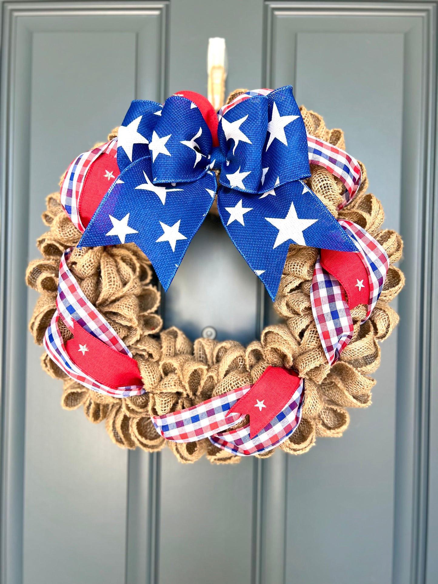 Patriotic Memorial Day Burlap Stars Americana Wreath for Front Door, Red White Blue Fourth of July USA Welcome Home Veterans Day