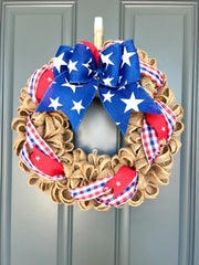 Patriotic Memorial Day Burlap Stars Americana Wreath for Front Door, Red White Blue Fourth of July USA Welcome Home Veterans Day
