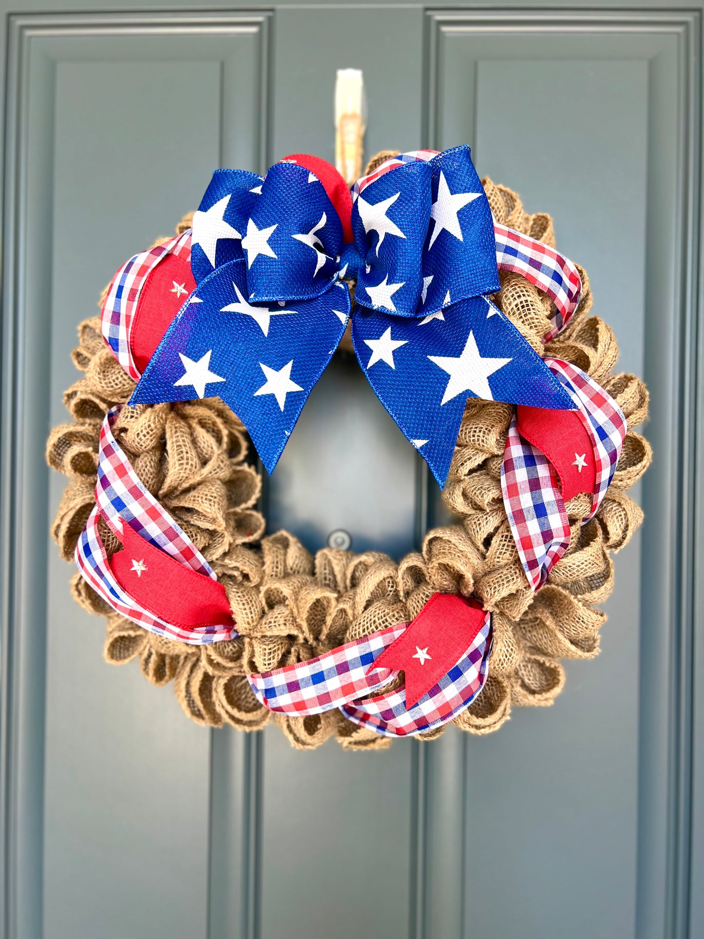 Patriotic Memorial Day Burlap Stars Americana Wreath for Front Door, Red White Blue Fourth of July USA Welcome Home Veterans Day