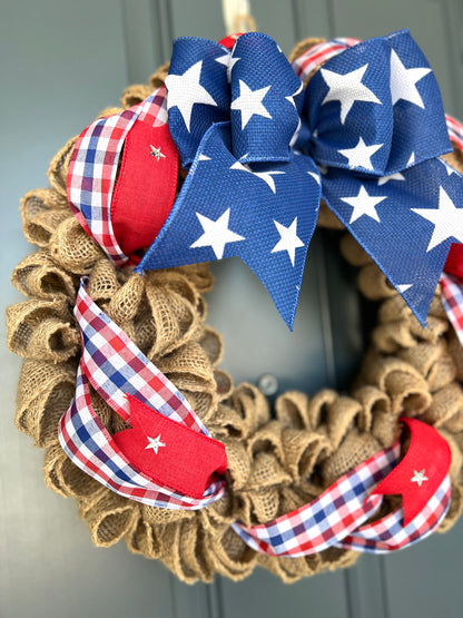 Patriotic Memorial Day Burlap Stars Americana Wreath for Front Door, Red White Blue Fourth of July USA Welcome Home Veterans Day