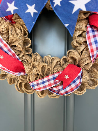 Patriotic Memorial Day Burlap Stars Americana Wreath for Front Door, Red White Blue Fourth of July USA Welcome Home Veterans Day