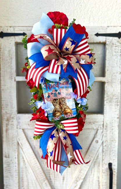 Patriotic Memorial Day Americana Swag Wreath for Front Door, Red White Blue Fourth of July USA Welcome Home Veterans Day Freedom is not Free