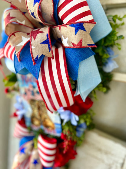 Patriotic Memorial Day Americana Swag Wreath for Front Door, Red White Blue Fourth of July USA Welcome Home Veterans Day Freedom is not Free