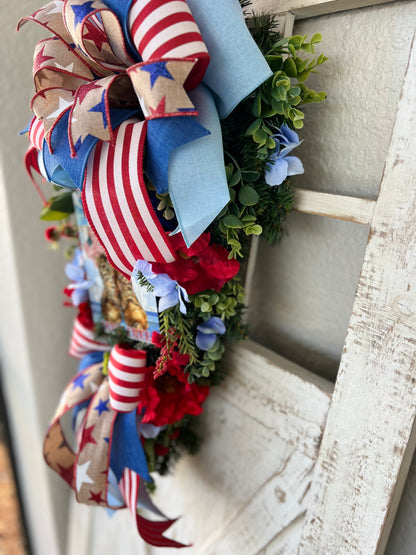 Patriotic Memorial Day Americana Swag Wreath for Front Door, Red White Blue Fourth of July USA Welcome Home Veterans Day Freedom is not Free