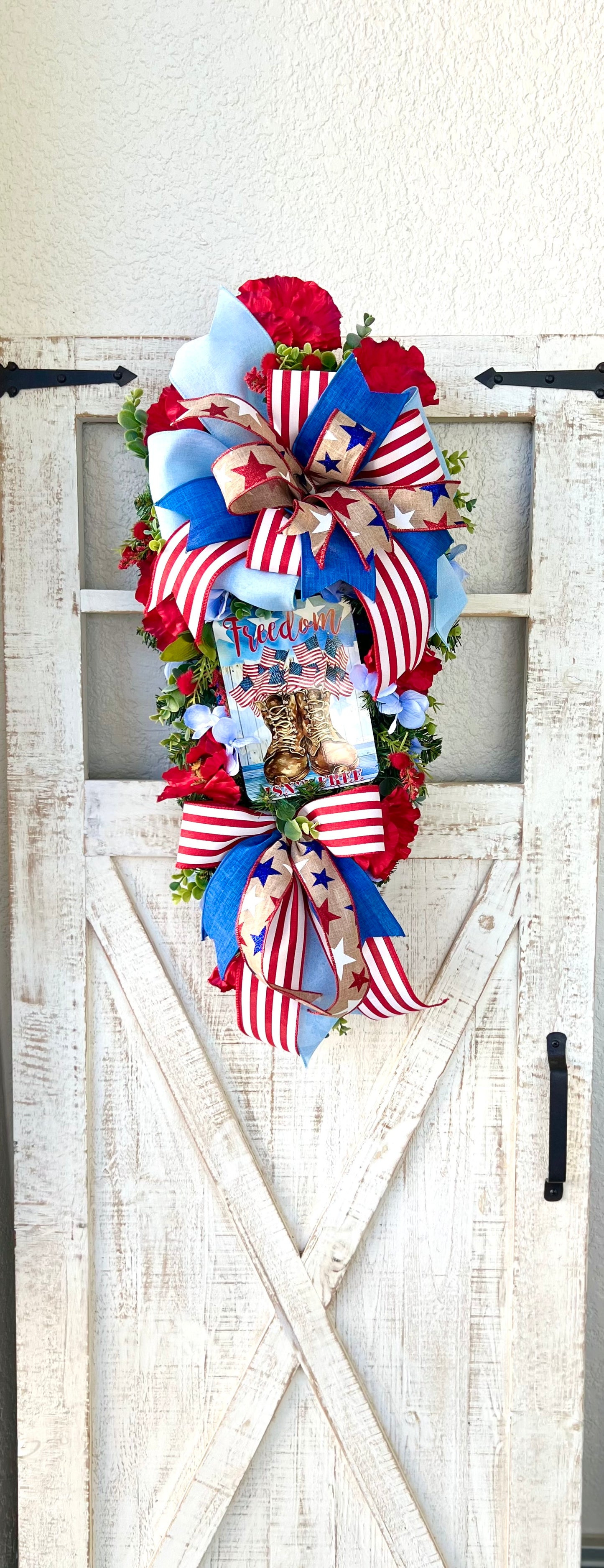 Patriotic Memorial Day Americana Swag Wreath for Front Door, Red White Blue Fourth of July USA Welcome Home Veterans Day Freedom is not Free