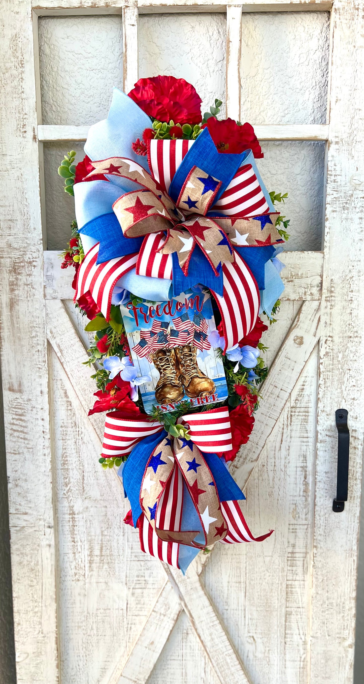 Patriotic Memorial Day Americana Swag Wreath for Front Door, Red White Blue Fourth of July USA Welcome Home Veterans Day Freedom is not Free