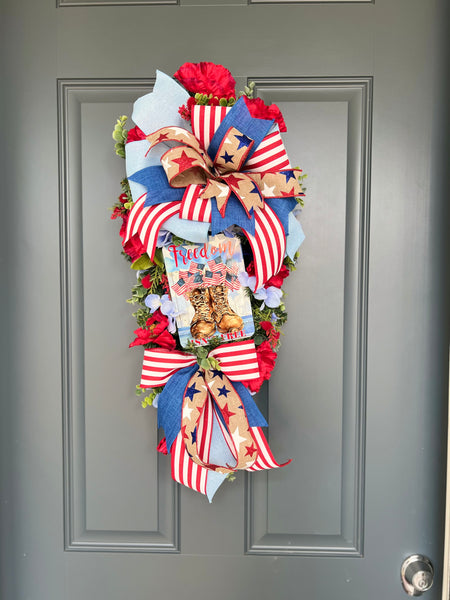 Patriotic Memorial Day Americana Swag Wreath for Front Door, Red White Blue Fourth of July USA Welcome Home Veterans Day Freedom is not Free