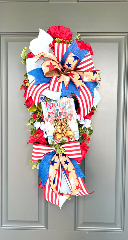 Patriotic Memorial Day Americana Swag Wreath for Front Door, Red White Blue Fourth of July USA Welcome Home Veterans Day Freedom is not Free