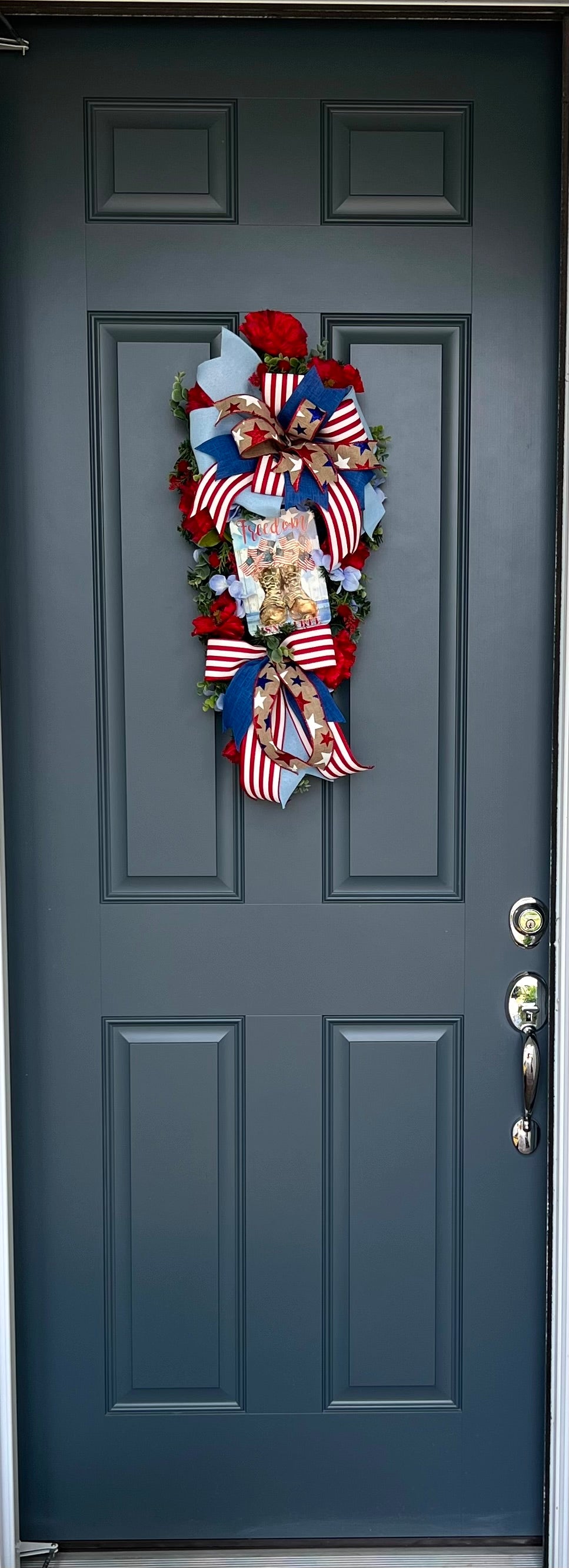 Patriotic Memorial Day Americana Swag Wreath for Front Door, Red White Blue Fourth of July USA Welcome Home Veterans Day Freedom is not Free