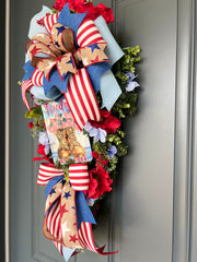 Patriotic Memorial Day Americana Swag Wreath for Front Door, Red White Blue Fourth of July USA Welcome Home Veterans Day Freedom is not Free