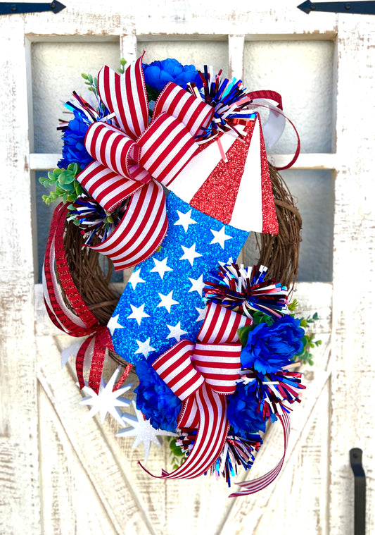 Patriotic Memorial Day Fireworks Rocket Wreath for front Door, Red White Blue Fourth of July USA Wreath, Welcome Home Armed Forces Military