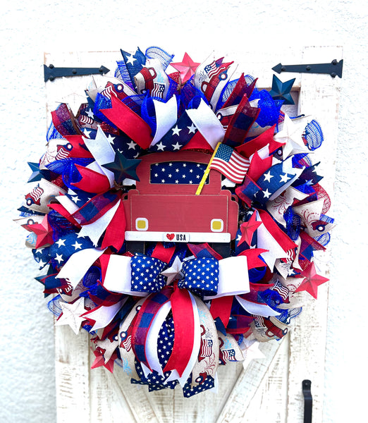 Patriotic Memorial Day Red Truck Wreath for Front Door, Red White Blue Fourth of July USA Wreath, Welcome Home Armed Forces Military Wreath