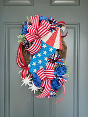 Patriotic Memorial Day Fireworks Rocket Wreath for front Door, Red White Blue Fourth of July USA Wreath, Welcome Home Armed Forces Military