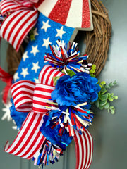 Patriotic Memorial Day Fireworks Rocket Wreath for front Door, Red White Blue Fourth of July USA Wreath, Welcome Home Armed Forces Military