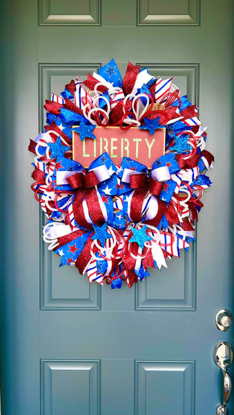 Patriotic Wreath for Front Door, Memorial Day Wreath, Red White Blue 4th of July USA Wreath, Welcome Home Military Liberty Wreath, July 4th