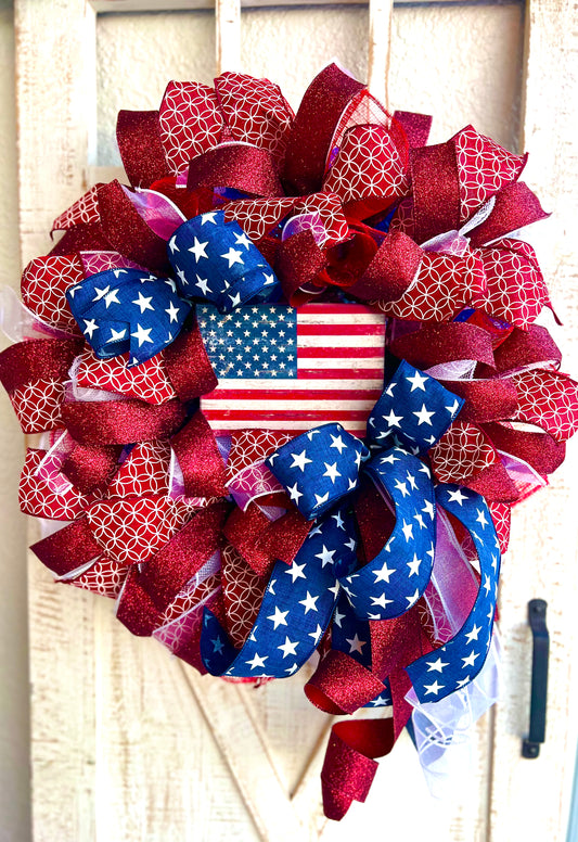 Patriotic Decor, Patriotic Wreath for Front Door, Memorial Day Americana Wreath, Red White Blue Fourth of July USA Welcome Home Veterans Day