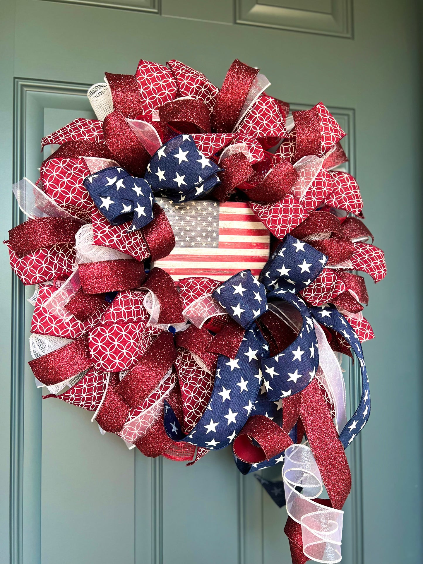 Patriotic Decor, Patriotic Wreath for Front Door, Memorial Day Americana Wreath, Red White Blue Fourth of July USA Welcome Home Veterans Day