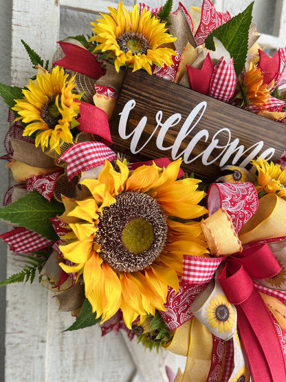 Fall Sunflower Welcome Wreath for Front Door, Sunflower Wreath, Welcome Wreath, Fall Decor, Country Porch Decor, Rustic Farmhouse Wreath