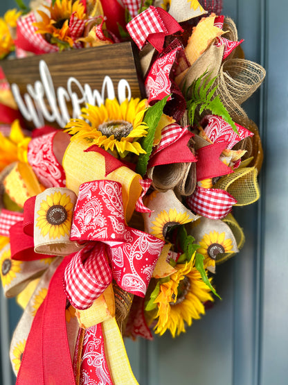 Fall Sunflower Welcome Wreath for Front Door, Sunflower Wreath, Welcome Wreath, Fall Decor, Country Porch Decor, Rustic Farmhouse Wreath