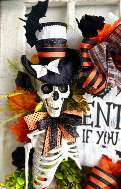 Halloween Wreath for Front Door, Skeleton Wreath for Front Door, Halloween Wreath, Haunted House Decor Enter if You Dare, Gothic Wreath