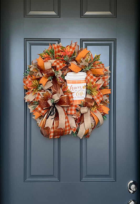 Fall Autumn Harvest and Leaves Wreath for Front Door, Leaves and Coffee, Welcome Wreath for Front Door, Fall Door Decor Thanksgiving Wreath