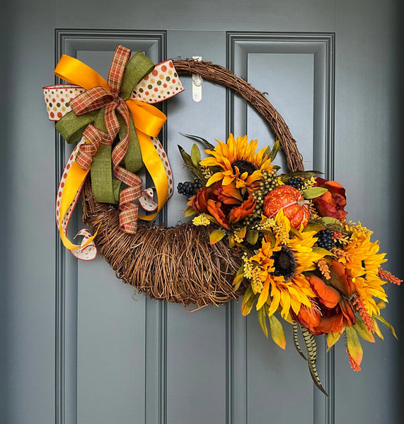 Autumn Harvest Thanksgiving Cornucopia Wreath, Fall Rustic Door Basket Wreath, Fall Door Decor Pouf Designs by Valerie Fall Front Door Decor