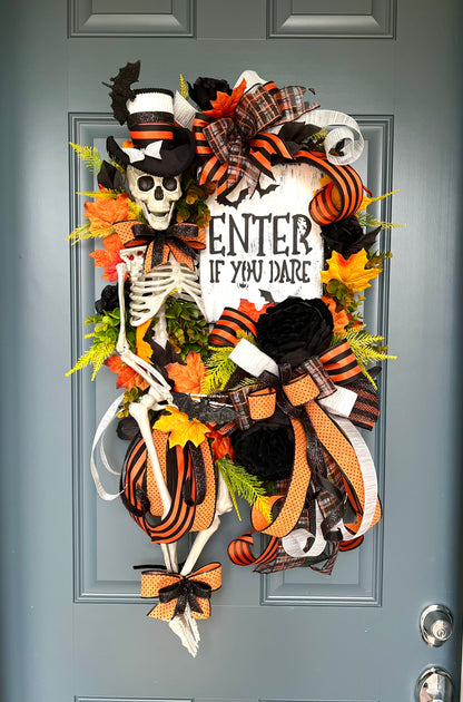 Halloween Wreath for Front Door, Skeleton Wreath for Front Door, Halloween Wreath, Haunted House Decor Enter if You Dare, Gothic Wreath