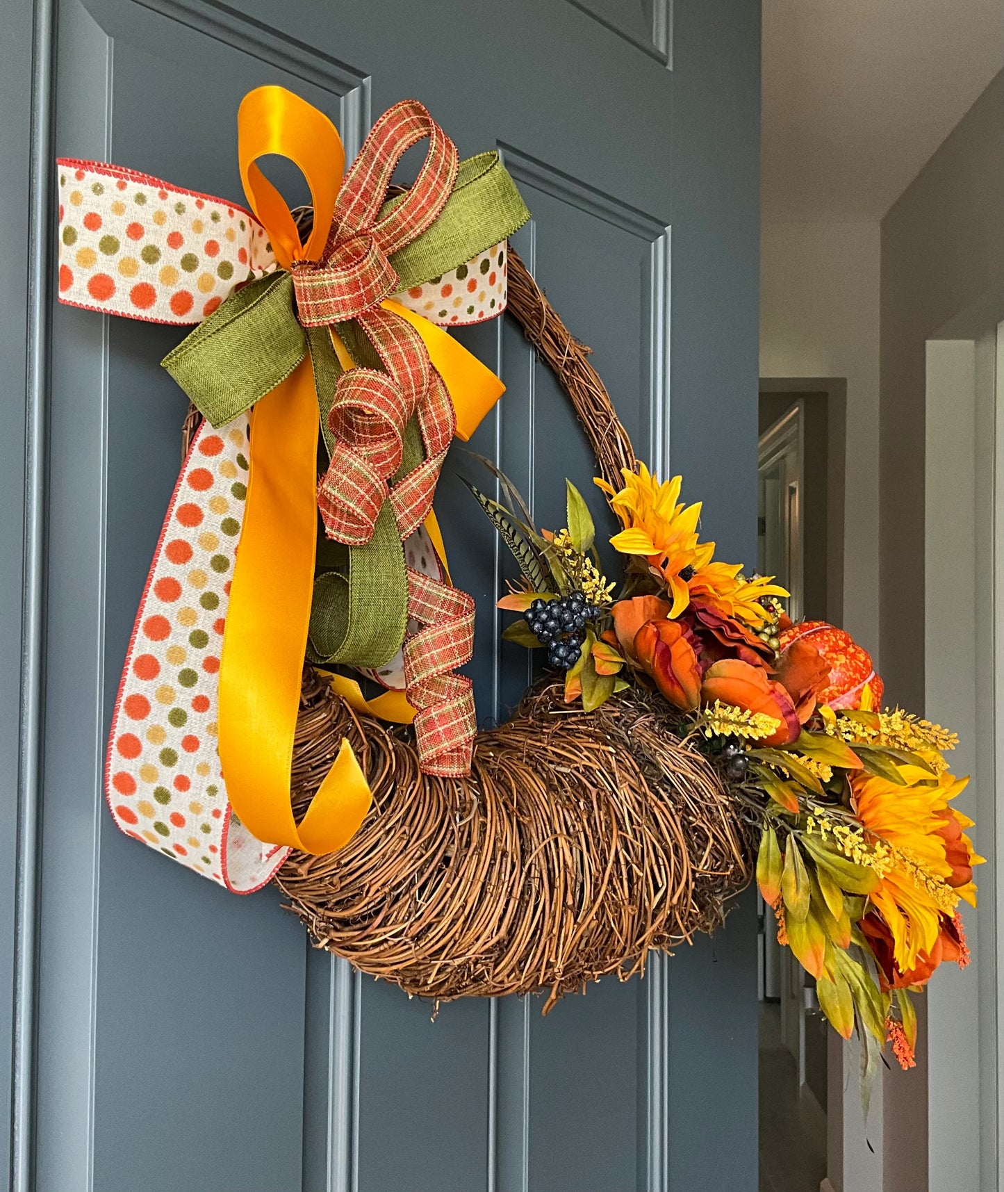 Autumn Harvest Thanksgiving Cornucopia Wreath, Fall Rustic Door Basket Wreath, Fall Door Decor Pouf Designs by Valerie Fall Front Door Decor