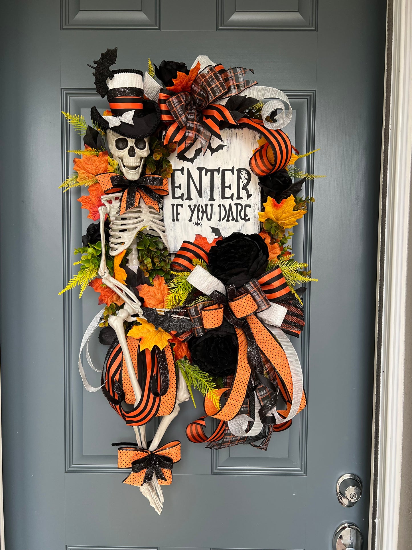 Halloween Wreath for Front Door, Skeleton Wreath for Front Door, Halloween Wreath, Haunted House Decor Enter if You Dare, Gothic Wreath