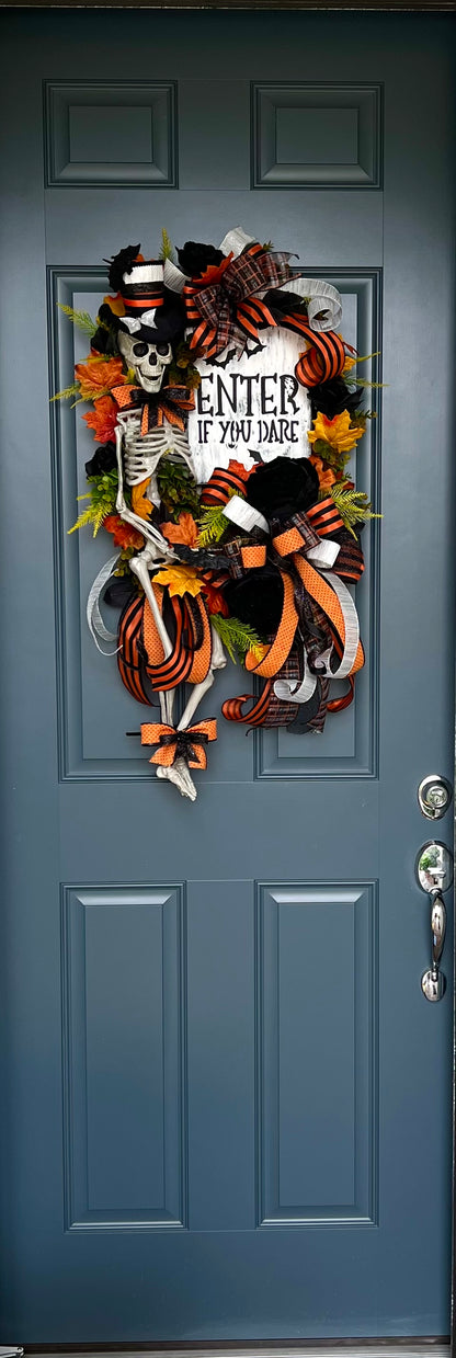 Halloween Wreath for Front Door, Skeleton Wreath for Front Door, Halloween Wreath, Haunted House Decor Enter if You Dare, Gothic Wreath