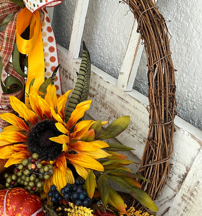 Autumn Harvest Thanksgiving Cornucopia Wreath, Fall Rustic Door Basket Wreath, Fall Door Decor Pouf Designs by Valerie Fall Front Door Decor