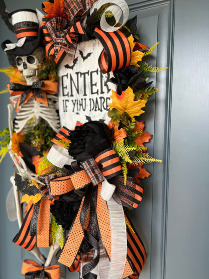 Halloween Wreath for Front Door, Skeleton Wreath for Front Door, Halloween Wreath, Haunted House Decor Enter if You Dare, Gothic Wreath