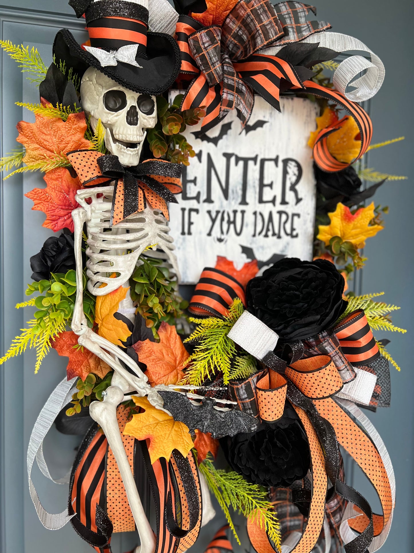 Halloween Wreath for Front Door, Skeleton Wreath for Front Door, Halloween Wreath, Haunted House Decor Enter if You Dare, Gothic Wreath