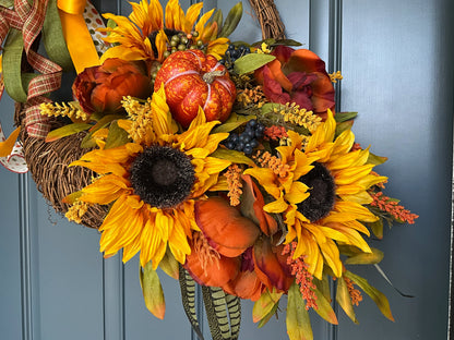 Autumn Harvest Thanksgiving Cornucopia Wreath, Fall Rustic Door Basket Wreath, Fall Door Decor Pouf Designs by Valerie Fall Front Door Decor