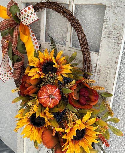 Autumn Harvest Thanksgiving Cornucopia Wreath, Fall Rustic Door Basket Wreath, Fall Door Decor Pouf Designs by Valerie Fall Front Door Decor