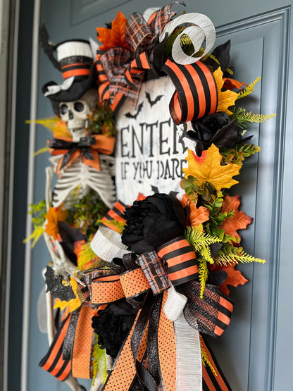 Halloween Wreath for Front Door, Skeleton Wreath for Front Door, Halloween Wreath, Haunted House Decor Enter if You Dare, Gothic Wreath