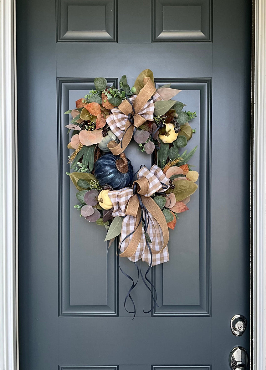 Rustic Fall Harvest Autumn Pumpkin Berry Grapevine Thanksgiving Wreath for Front Door, High End Fall Wreath, Fall Colors Wreath Pouf Designs