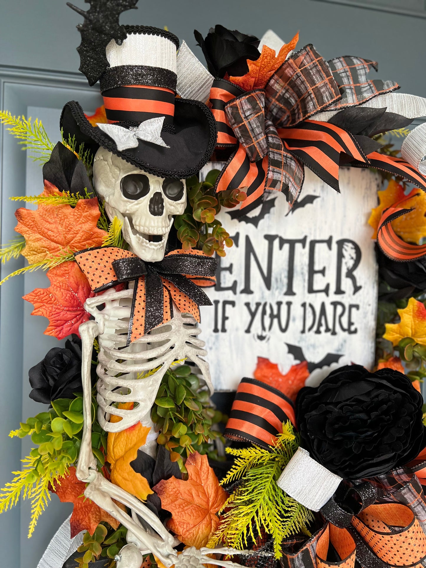 Halloween Wreath for Front Door, Skeleton Wreath for Front Door, Halloween Wreath, Haunted House Decor Enter if You Dare, Gothic Wreath