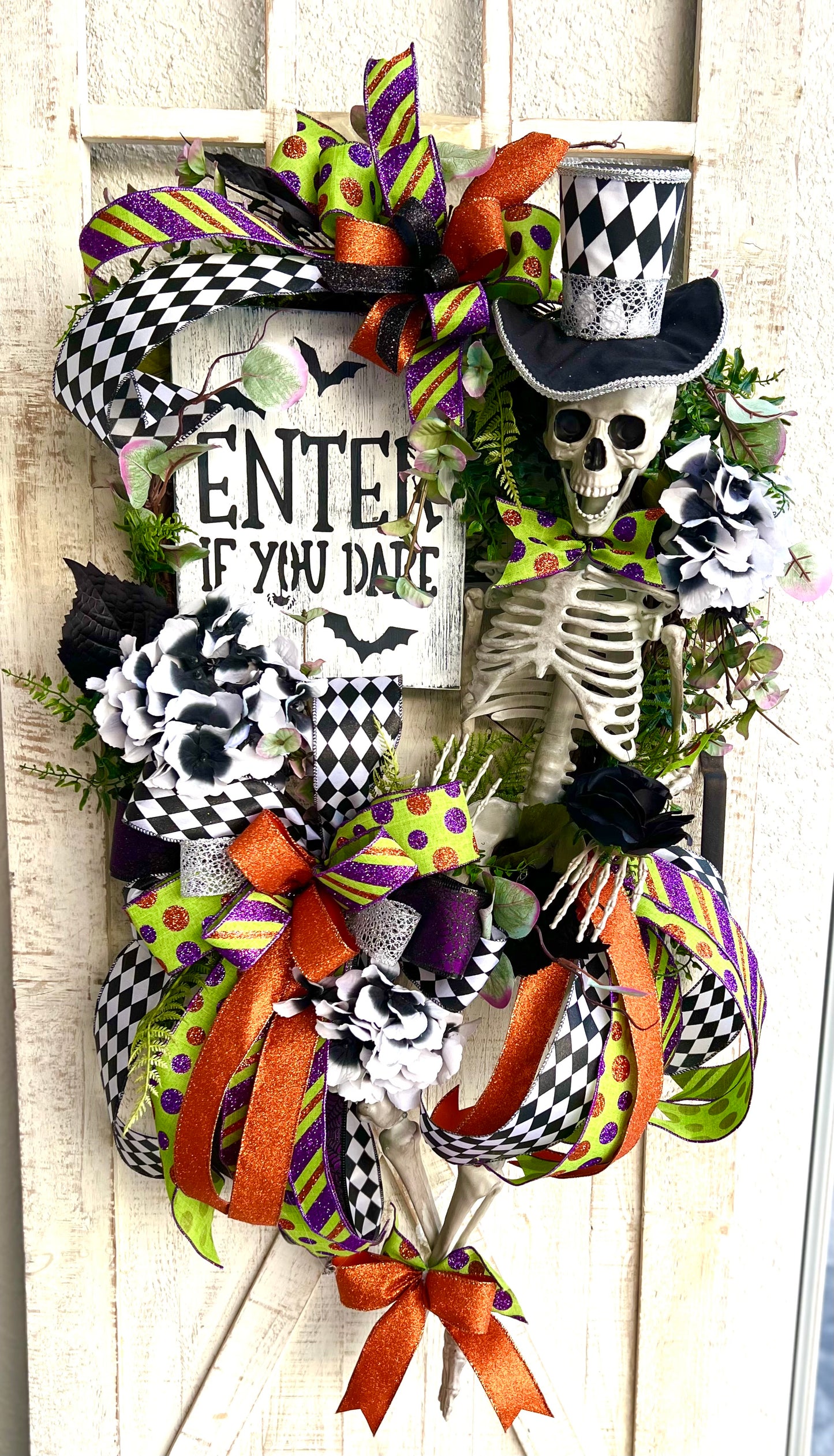 Halloween Wreath for Front Door, Skeleton Wreath for Front Door, Halloween Wreath, Haunted House Decor Enter if You Dare, Gothic Wreath