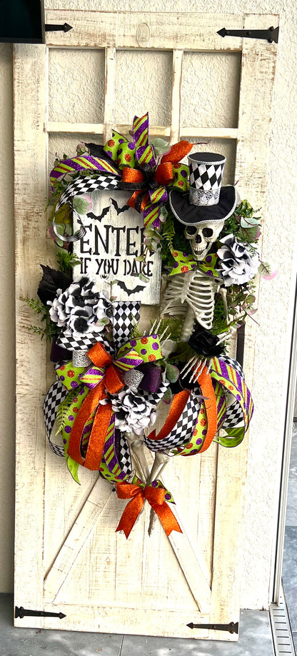 Halloween Wreath for Front Door, Skeleton Wreath for Front Door, Halloween Wreath, Haunted House Decor Enter if You Dare, Gothic Wreath