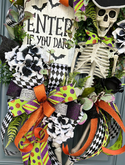 Halloween Wreath for Front Door, Skeleton Wreath for Front Door, Halloween Wreath, Haunted House Decor Enter if You Dare, Gothic Wreath